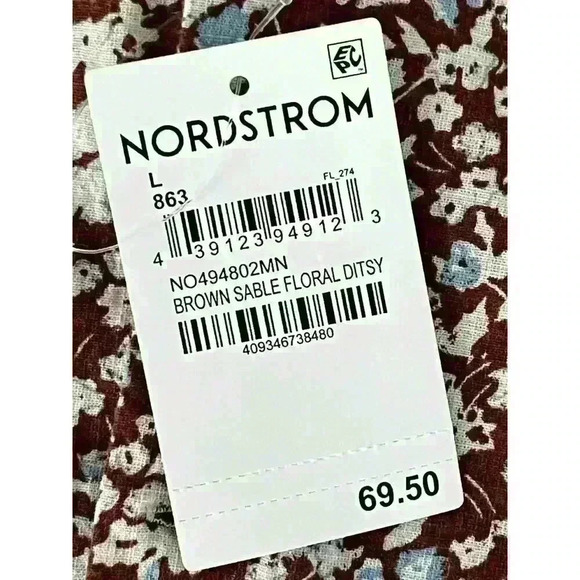 Nordstrom Mns Sz L Floral Trim Fit Button Down Shirt Brown Linen Stretch Fun NWT - Picture 14 of 16